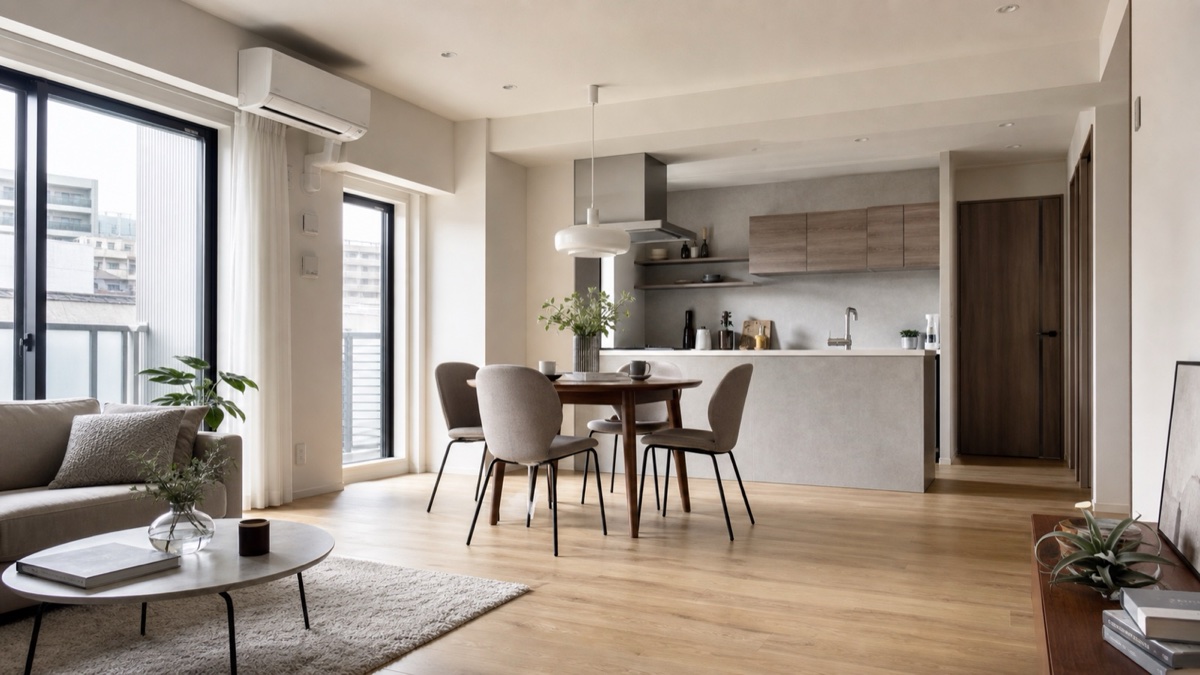 キッチンとダイニングを一体化したマンションLDKの完成イメージ