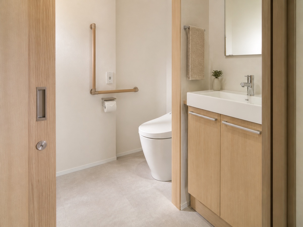 移動しやすさと手すり位置を考えたトイレと洗面の完成イメージ