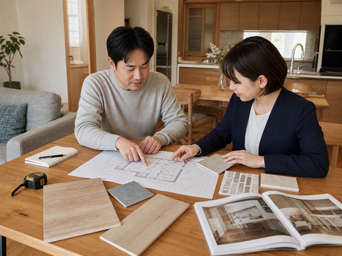 室内で間取り図と素材を見ながら改修の優先順位を整理する計画相談
