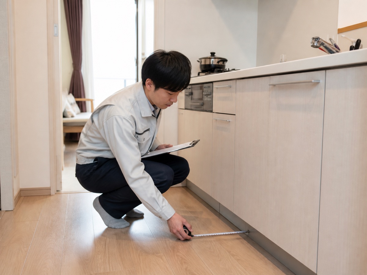 室内キッチンの施工範囲を床から安全に採寸して記録する担当者